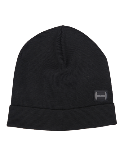 Hogan Logo-patch Wool-blend Beanie In Black