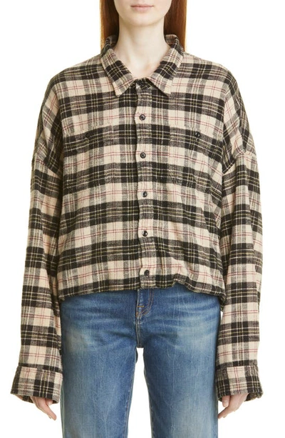 R13 Oversize Plaid Gathered Hem Work Shirt In Beige & Black Plaid