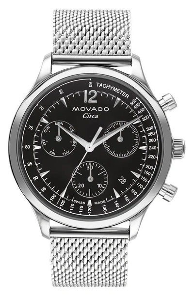 Movado Men's Swiss Chronograph Heritage Series Circa Stainless Steel Mesh Bracelet Watch 43mm In Black