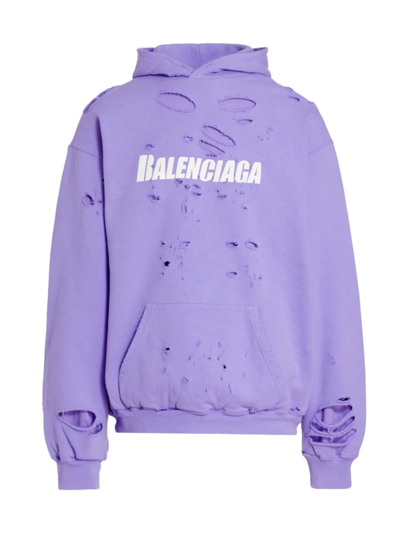 Balenciaga Men's Destroyed Logo Hoodie In Light Purple