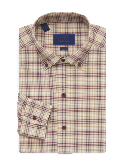 David Donahue Fusion Windowpane Plaid Shirt In Khaki Charcoal