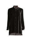 Eileen Fisher Long Velvet Button-front Shirt In Woodland Green