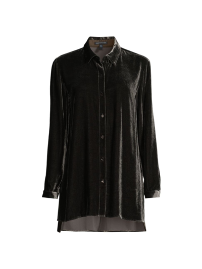 Eileen Fisher Long Velvet Button-front Shirt In Ivy