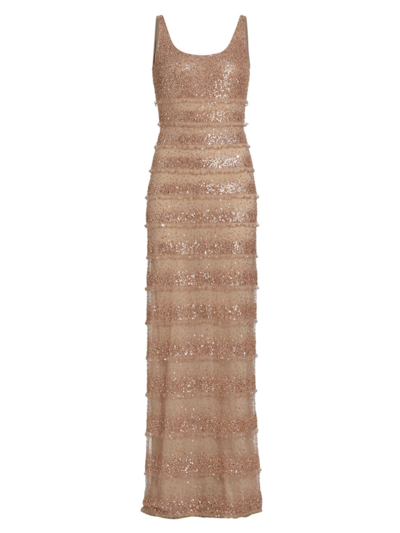 Valentino Breaded Tiered Sleeveless Gown In Peach