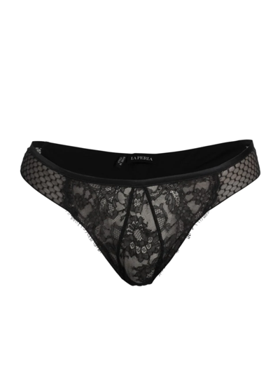 La Perla Honeycomb Shadows Leavers Lace Bikini Briefs In Onyx