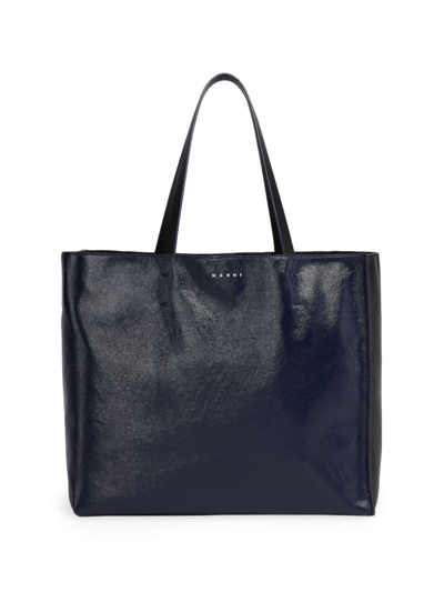 Marni Logo-print Leather Tote Bag In Navy Blue Black