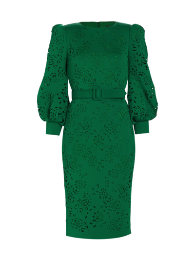Badgley Mischka Belted Laser-cut Dress In Green