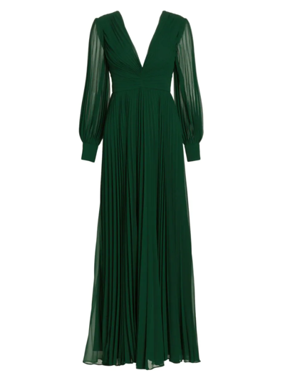 Badgley Mischka Pleated Blouson-sleeve Deep V-neck Gown In Dark Emerald
