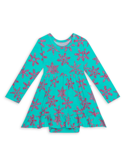 Posh Peanut Baby Girl's Queen Of Snowflakes Long Sleeve Ruffled Bodysuit Dress In Turquoise