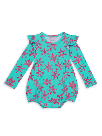 Posh Peanut Baby Girl's Queen Of Snowflakes Long Sleeve Ruffled Bubble Romper In Turquoise