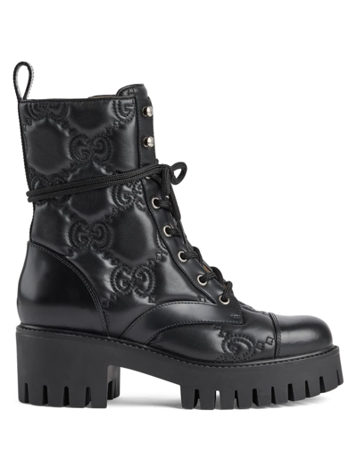 Gucci Quilted-logo Leather Combat Boots In Nero