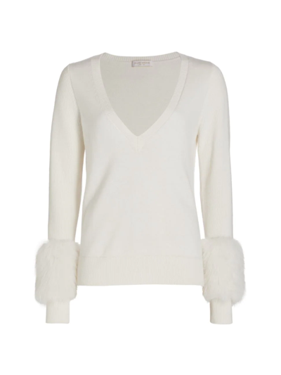 Ramy Brook Brody Womens Faux Fur Trim Knit V-neck Sweater In White