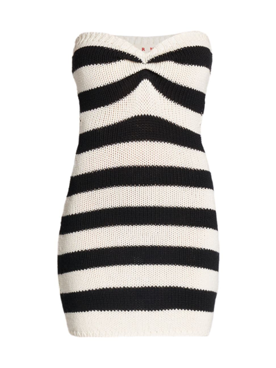 Marni Striped Wool Strapless Minidress In Black,white