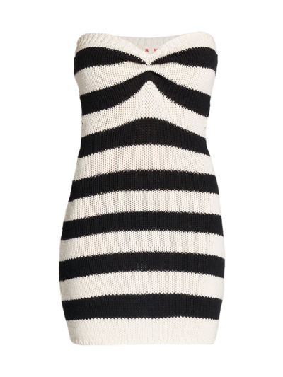 Marni Striped Wool Strapless Minidress In Stone White