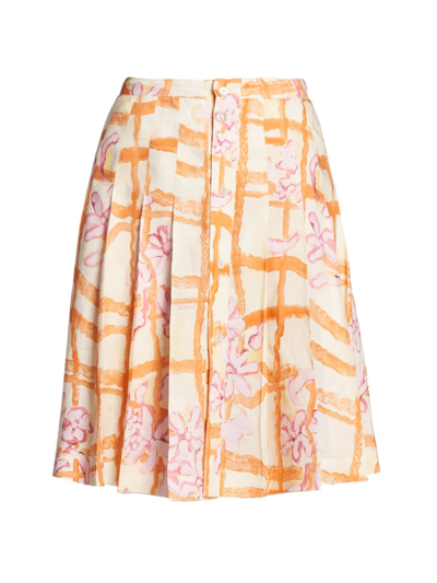 Marni Women's Painted Floral & Windowpane Pleated Midi-skirt In Citrine
