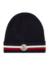 Moncler Logo Virgin Wool Beanie In Blue