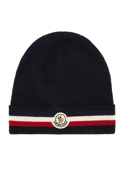 Moncler Logo Virgin Wool Beanie In Blue