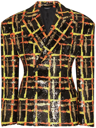 Dolce & Gabbana Sequinned Plaid Double-breasted Suit Jacket In Multicolor