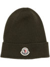 Moncler Dark Green Logo-patch Ribbed Beanie In Green