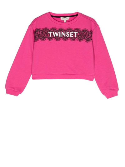 Twinset Kids' Logo-patch Lace Sweatshirt In Rosa