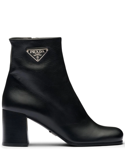 Prada Round Head High-heeled Short Boots In Black