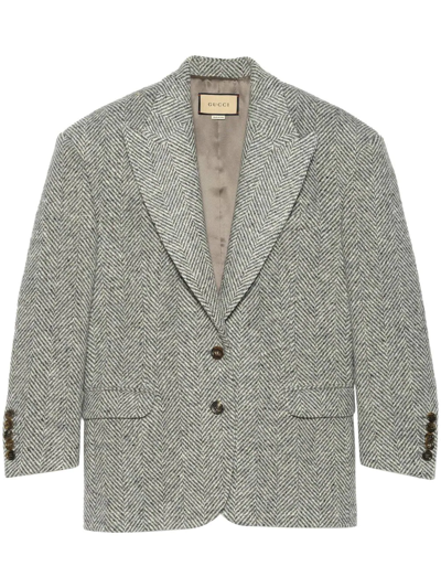 Gucci Chevron Wool Padded Shoulder Blazer In Grey