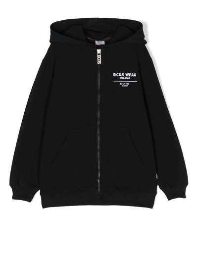 Gcds Embroidered-logo Graphic-print Hoodie In Black