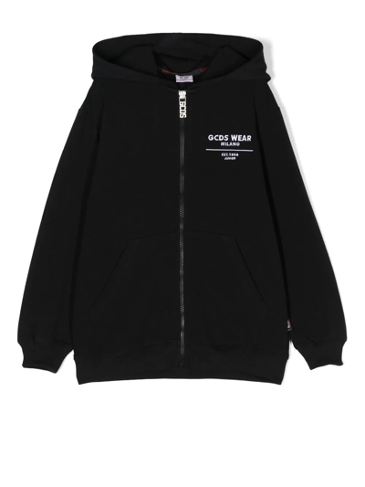 Gcds Kids' Embroidered-logo Graphic-print Hoodie In Black