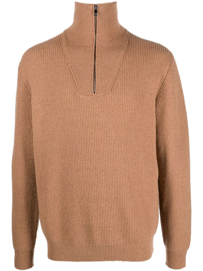 Roberto Collina Half Zip Ribbed Jumper In Braun