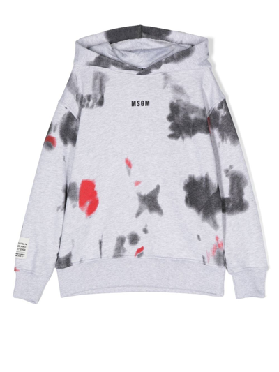Msgm Kids' Tie-dye Print Logo Hoodie In Grey