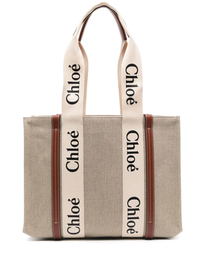 Chloé Woody Medium Linen Leather Tote Bag In Cream
