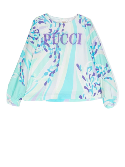 Pucci Junior Kids' Abstract-print Long-sleeved Blouse In Blau