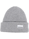 GANNI LOGO-PATCH RIB-KNIT BEANIE