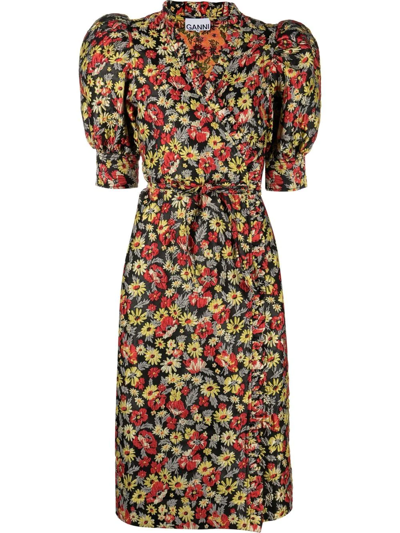 Ganni Floral-print Dress In Schwarz