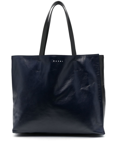 Marni Logo-print Leather Tote Bag In Blau