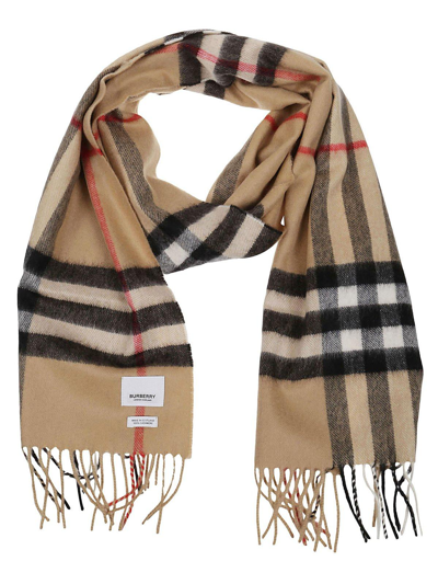 Burberry Checked Fringed Scarf In Beige