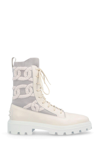 Tod's Kate Combat Boots In Bianco Calce