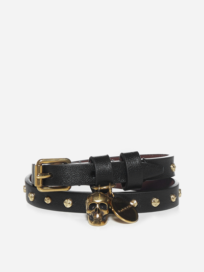 Alexander Mcqueen Skull Leather Double-wrap Bracelet In Black