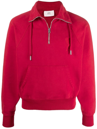 Ami Alexandre Mattiussi Ami De Coeur Half-zip Sweatshirt In Red