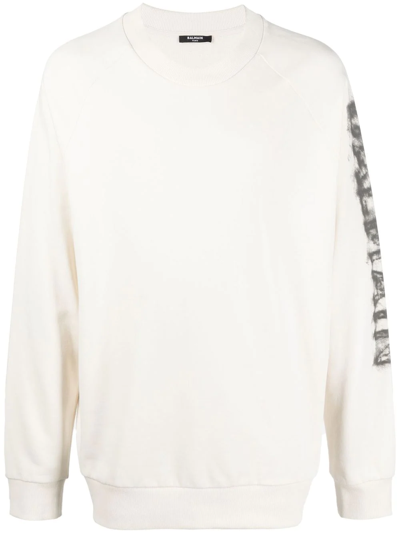 Balmain White Crewneck Sweatshirt With Sleeve Print