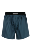 Tom Ford Velvet-trimmed Stretch-silk Satin Boxer Shorts In Blue
