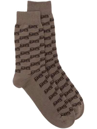 Balenciaga Monogram Print Cotton Socks In Brown