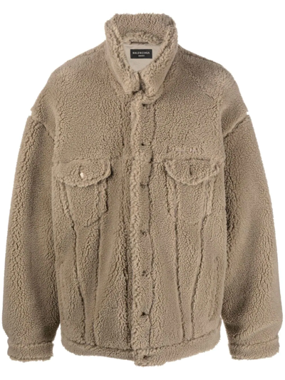 Balenciaga Logo Embroidered Fleece Jacket In Brown