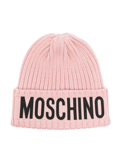 Moschino Kids' Ribbed-knit Branded Beanie In Pink