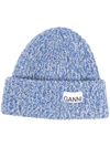 Ganni Structured Rib Wool Blend Beanie In Blue