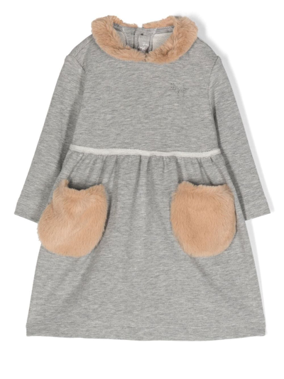 Il Gufo Babies' Faux-fur Trim Midi Dress In Grey/hazelnut