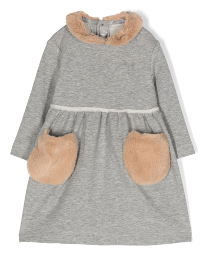 Il Gufo Faux-fur Trim Midi Dress In Grey/hazelnut