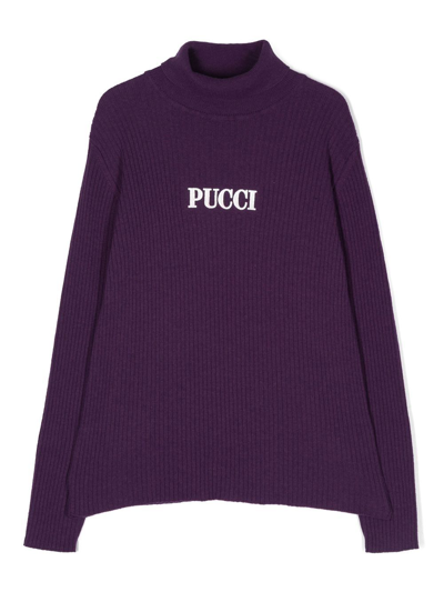 Pucci Junior Kids' Embroidered-logo Roll-neck Jumper In Purple
