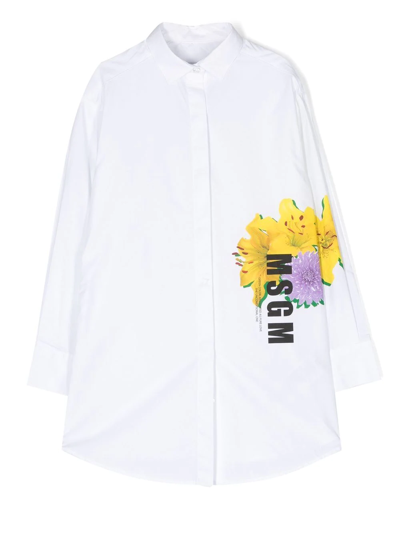 Msgm Kids' Floral-print Shirt Dress In White