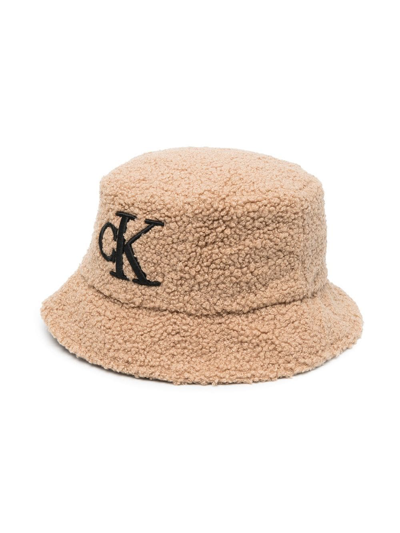 Calvin Klein Kids' Fleece Logo-print Bucket Hat In Brown